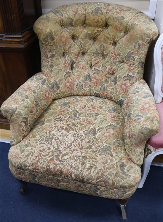 A Victorian button back armchair, Howard & Son and a salon chair